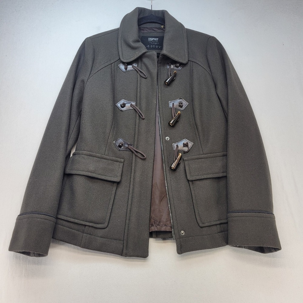 Esprit Pea Coat Women Small Olive Green Wool Blend Toggle Zip Outerwear